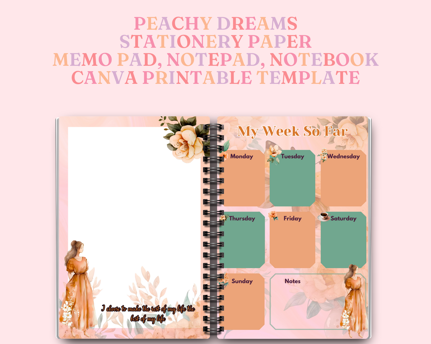 Peachy Dreams Stationery Paper – Memopad, Notepad & Notebook – Commercial Use – Digital Canva Template