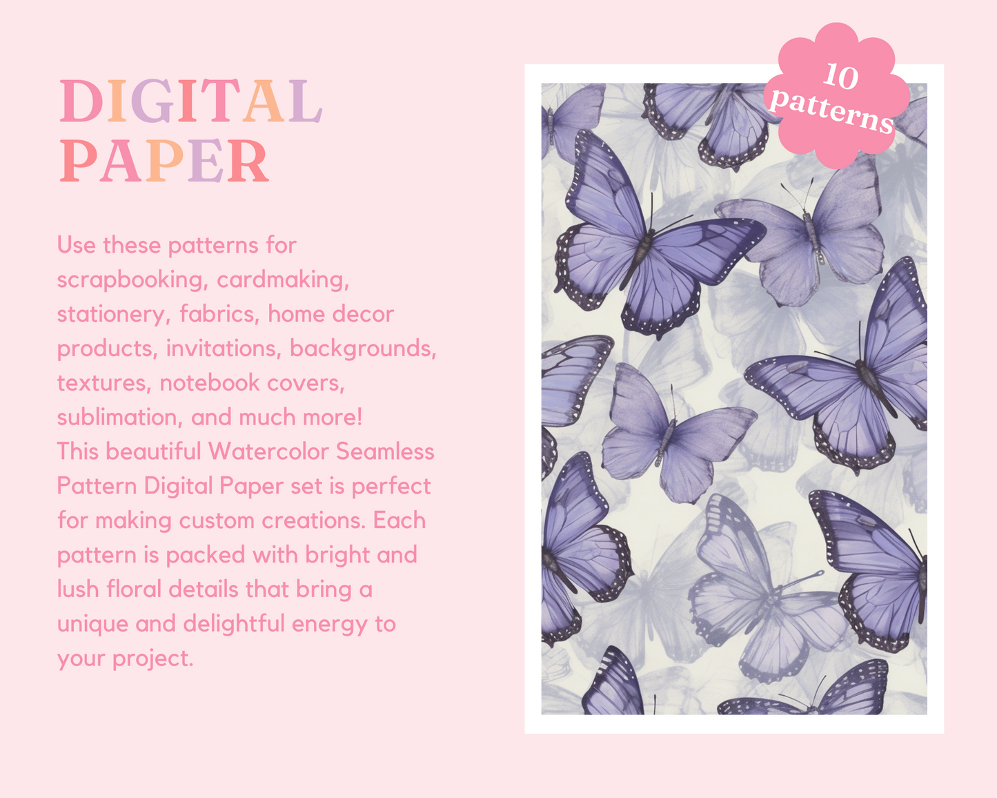 Purple Butterfly Seamless Pattern – Watercolor Pattern – Commercial Use – Pastel Digital Paper – Instant Download – Whimsical & Enchanting Designs