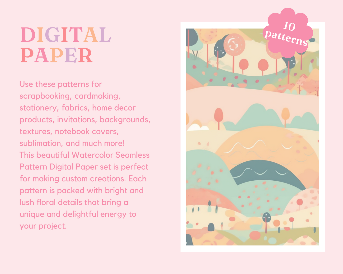 Pastel Scenery Seamless Pattern – Watercolor Pattern – Commercial Use – Pink, Pastel Houses, Nature, Landscape Digital Paper – Instant Download – Whimsical Designs for Creative Projects
