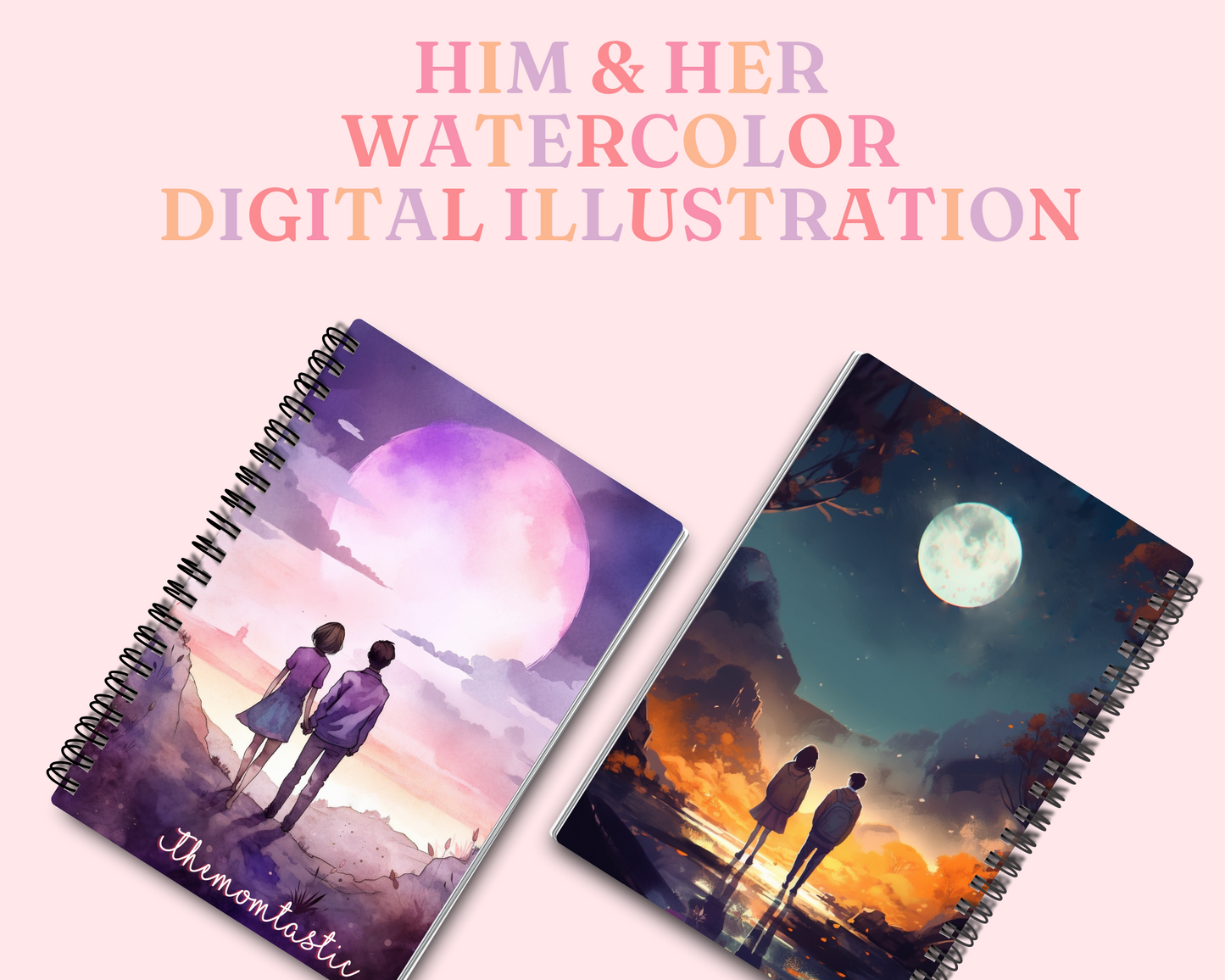 Him and Her Beautiful Watercolor Digital Illustration - Commercial Use - Pretty - Instant Download