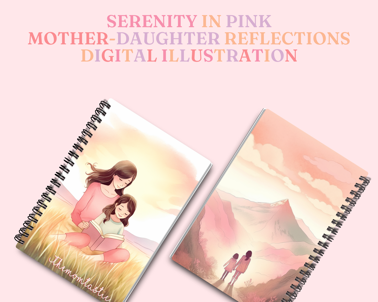 Serenity in Pink - Mother and Daughter Reflections - Digital Illustration - Watercolor Pastel