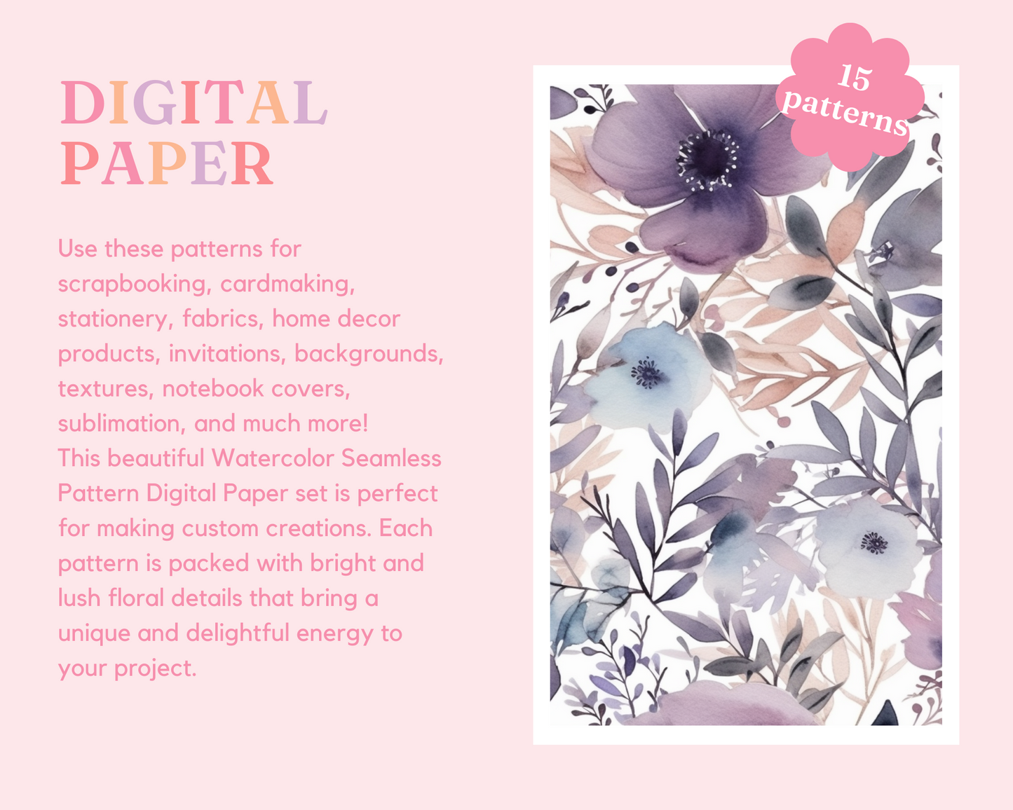 Enchanting Purple Floral Watercolor Seamless Pattern - Commercial Use - Pastel Watercolor Digital Paper