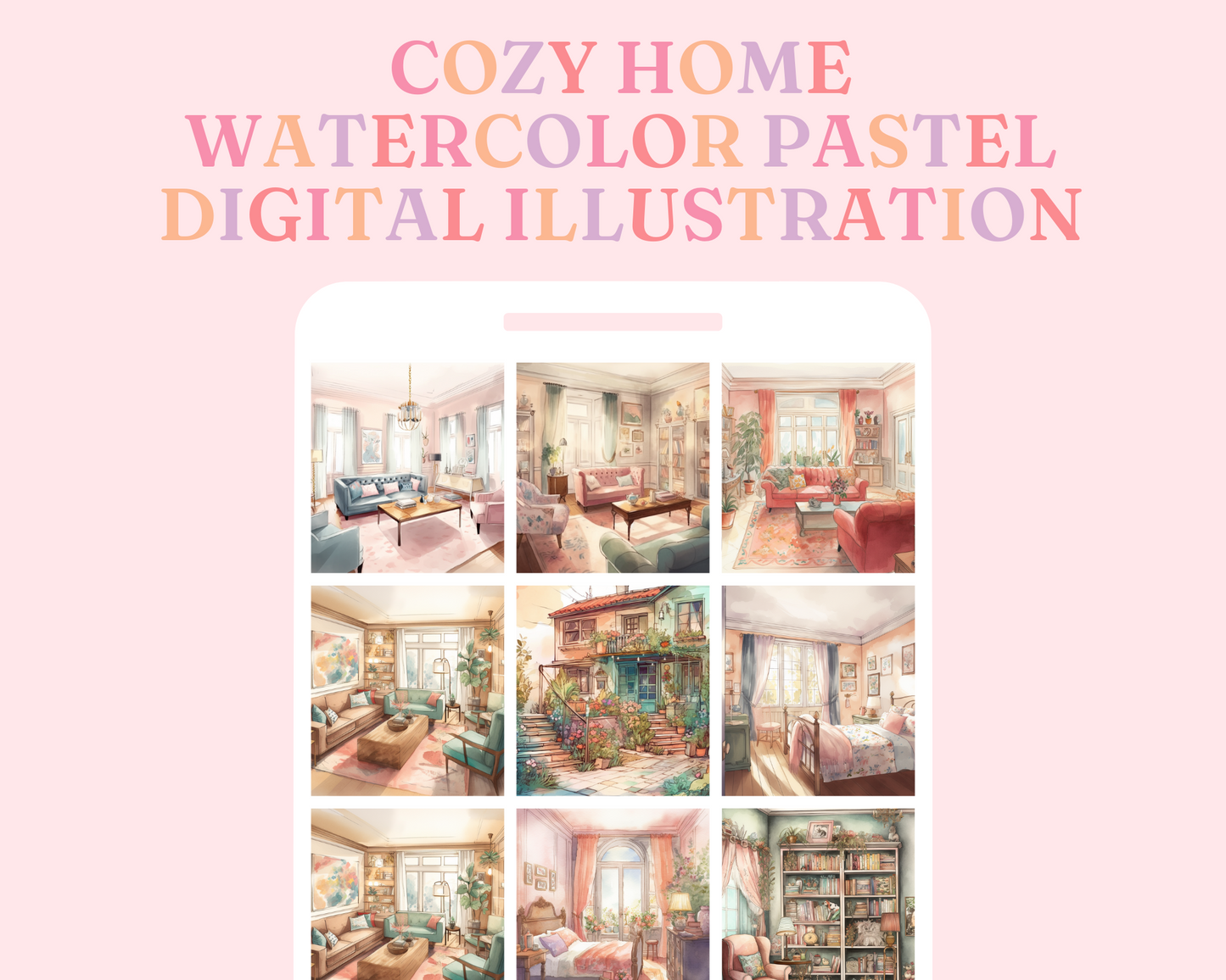 Cozy Home Watercolor Digital Illustration, Pastel, Sky for Commercial Use