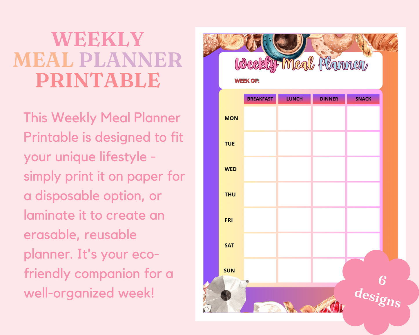 Weekly Meal Planner Printable – A4 Size – 6 Stylish Designs – PDF, PNG, and Canva Template – Commercial License