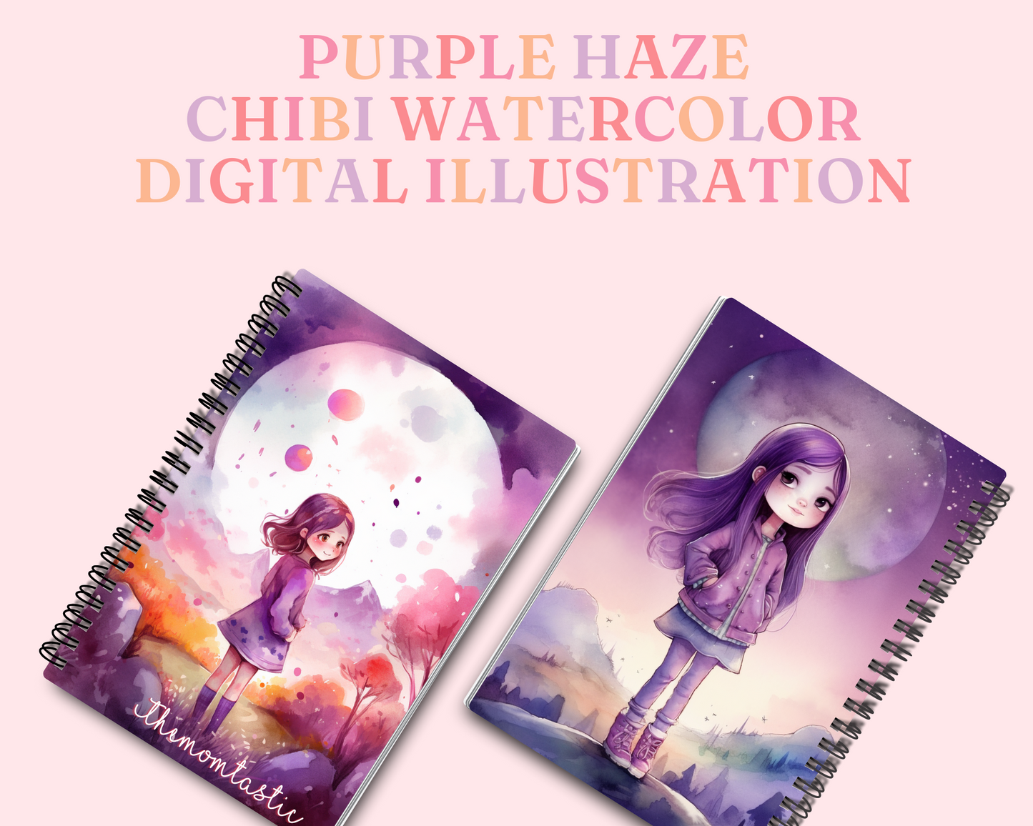 Purple Haze Chic Chibi Watercolor Digital Illustration - Commercial Use - Pretty - Instant Download