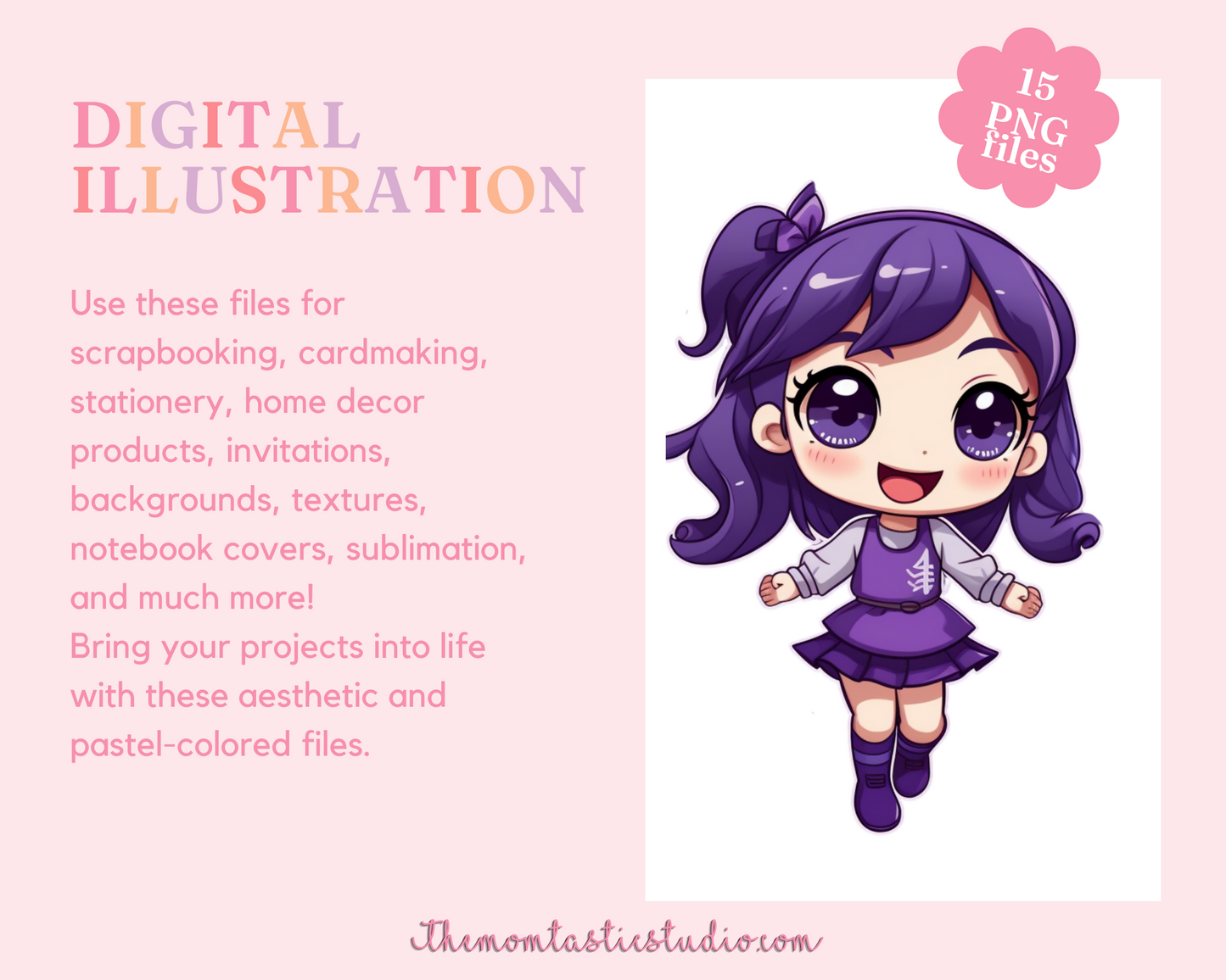 Pretty in Purple Chibi Girls Stickers Clipart – Printable – Instant Download – High-Quality PNG - Transparent Background - Commercial Use