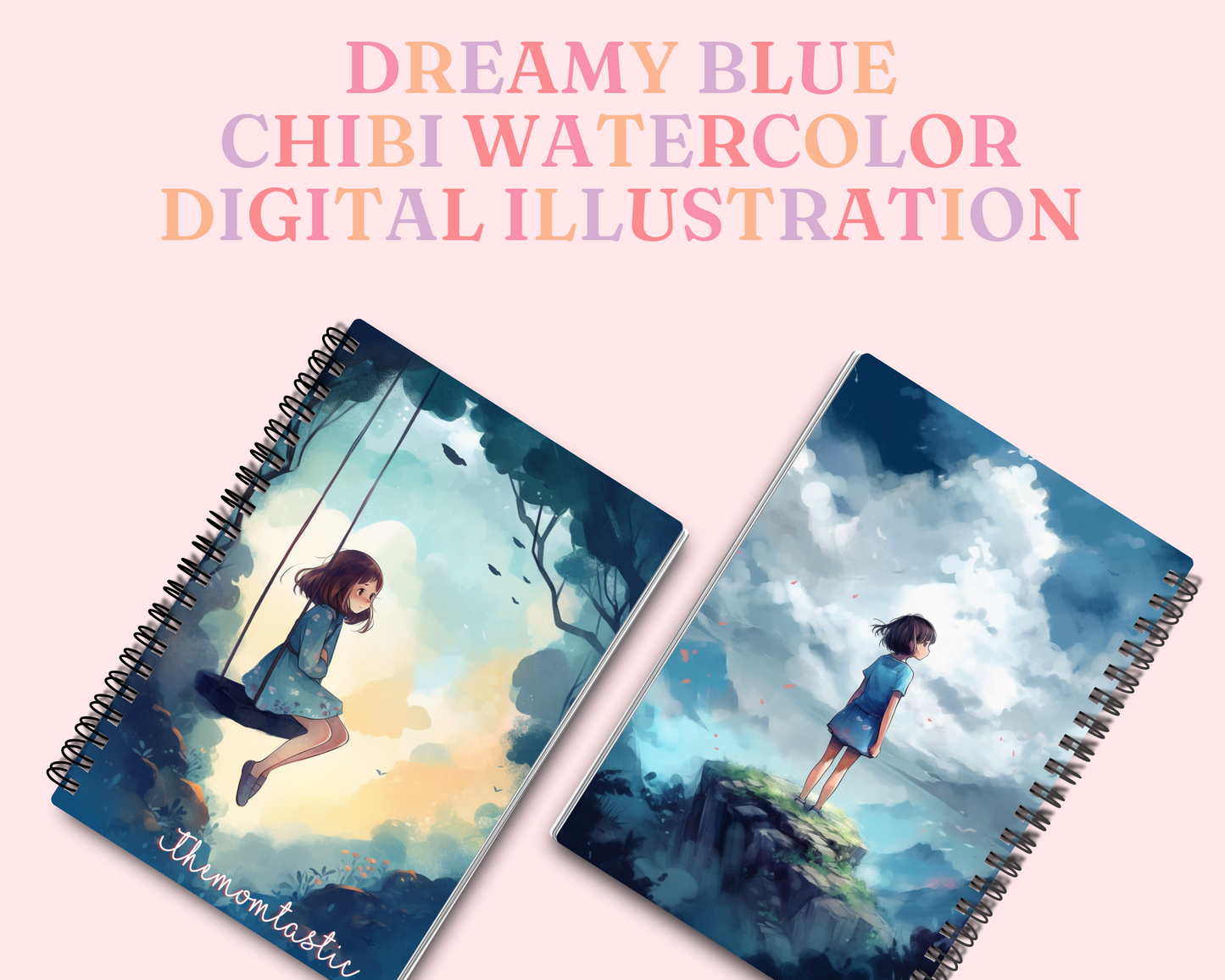 Dreamy Blue Chibi Watercolor Digital Illustration - Commercial Use