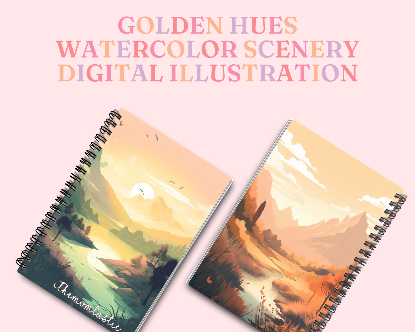 Golden Hues Digital Illustration – Watercolor Scenery – Nature, Pond, Lake, Forest, Mountains – Instant Download – High-Resolution Art – Commercial Use