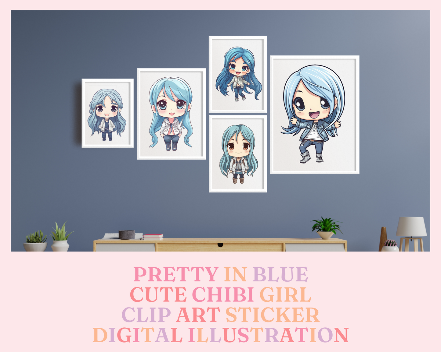 Pretty in Blue Chibi Girls Stickers Clipart – Printable – Instant Download – High-Quality PNG - Transparent Background - Commercial Use