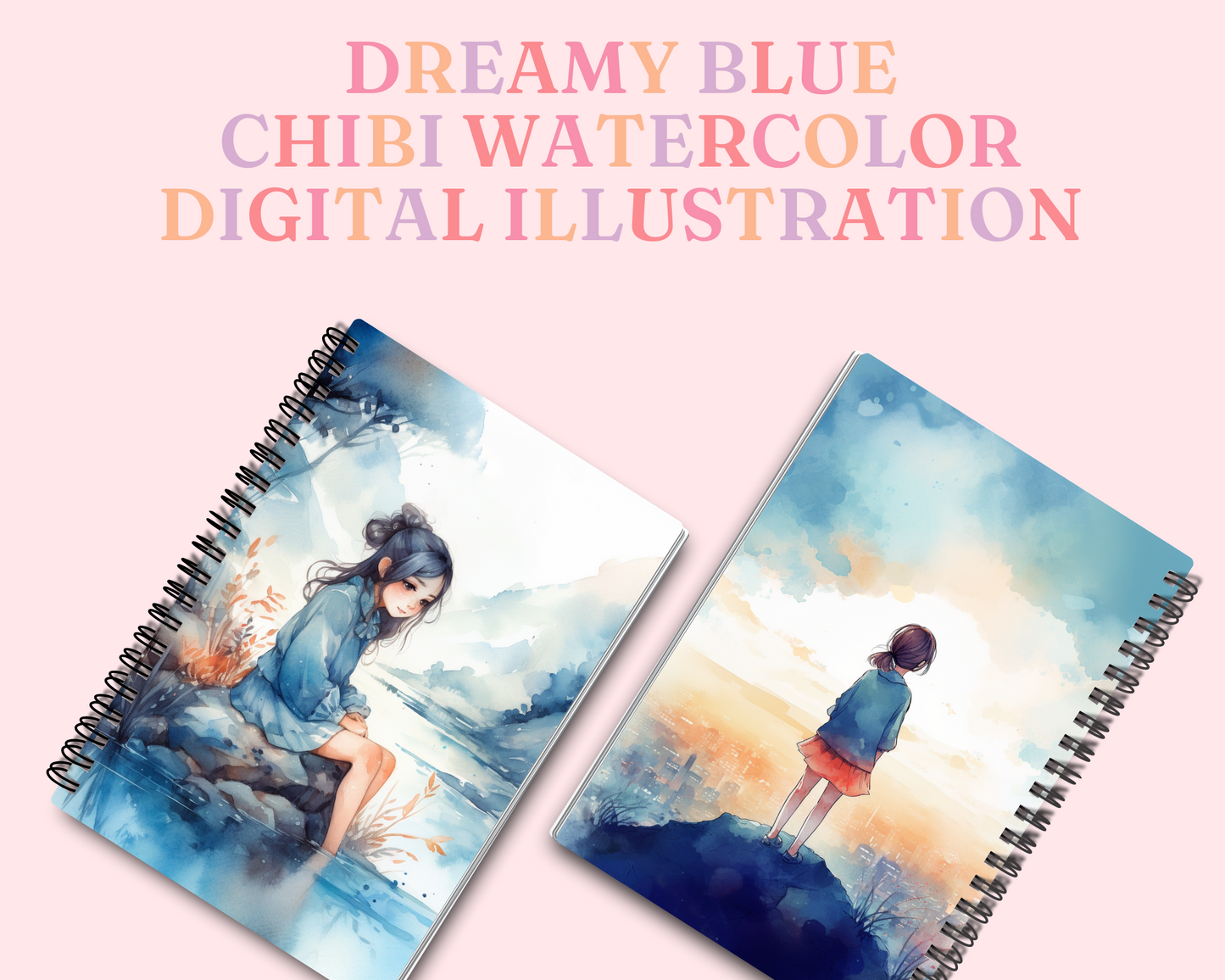 Dreamy Blue Chibi Watercolor Digital Illustration - Commercial Use