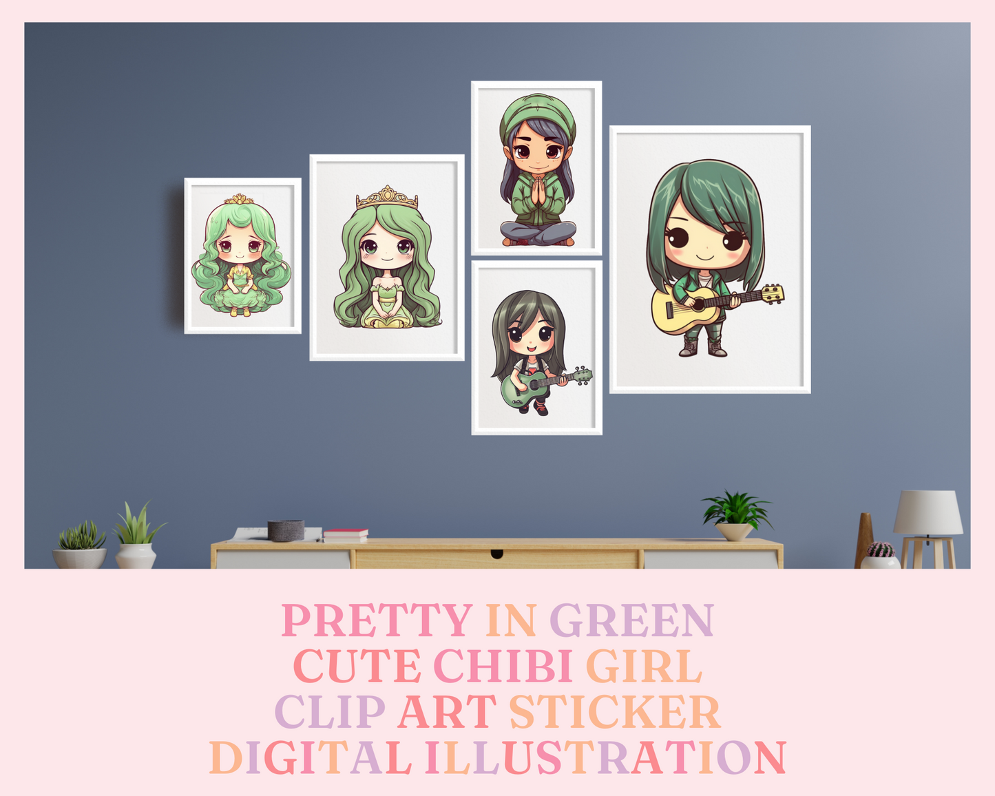 Pretty in Green Chibi Girls Stickers Clipart – Printable – Instant Download – High-Quality PNG - Transparent Background - Commercial Use