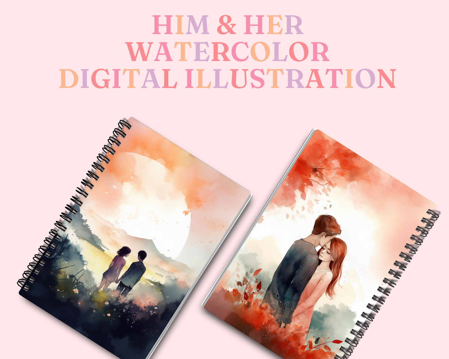 Him and Her Beautiful Watercolor Digital Illustration - Commercial Use - Pretty - Instant Download