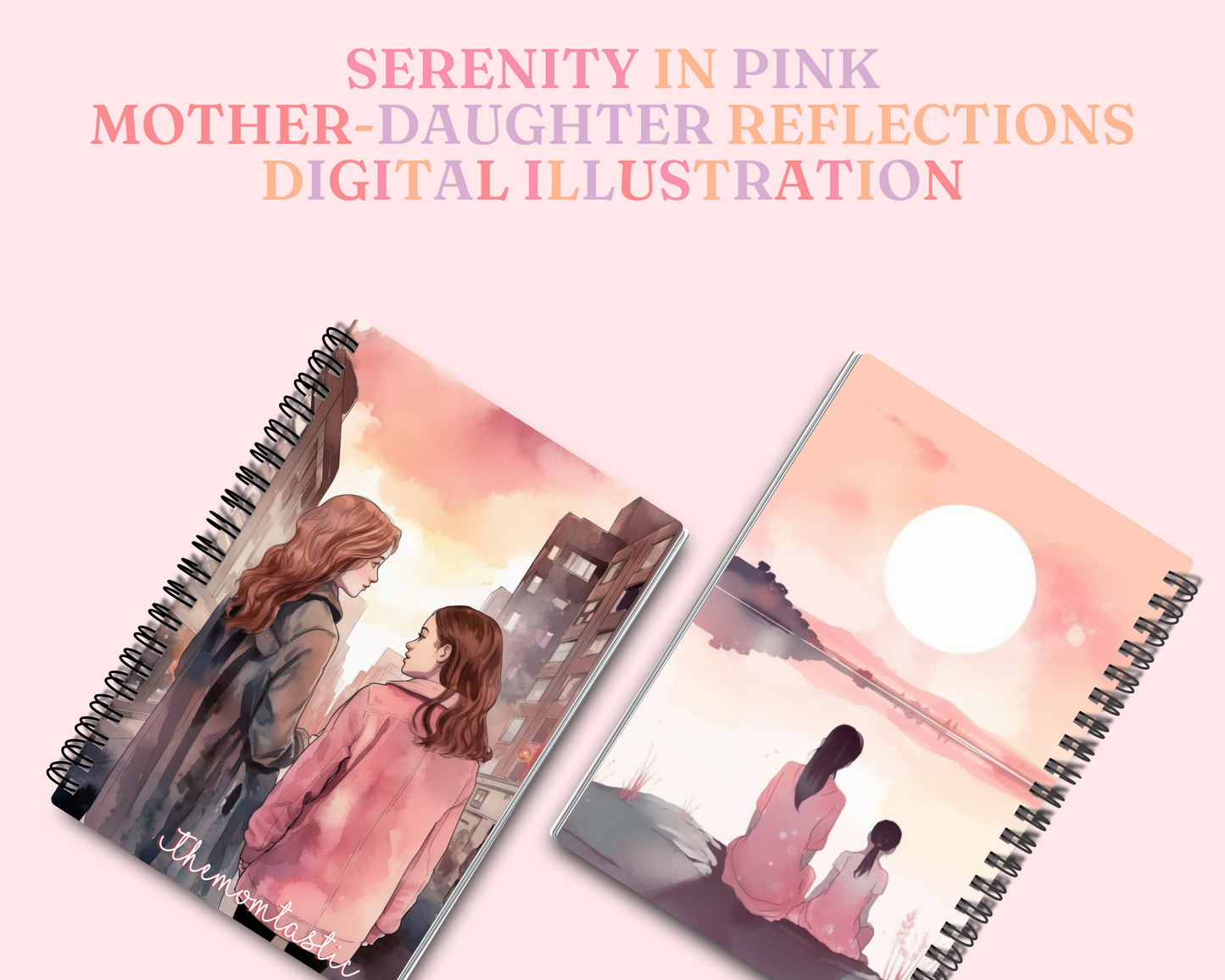 Serenity in Pink - Mother and Daughter Reflections - Digital Illustration - Watercolor Pastel