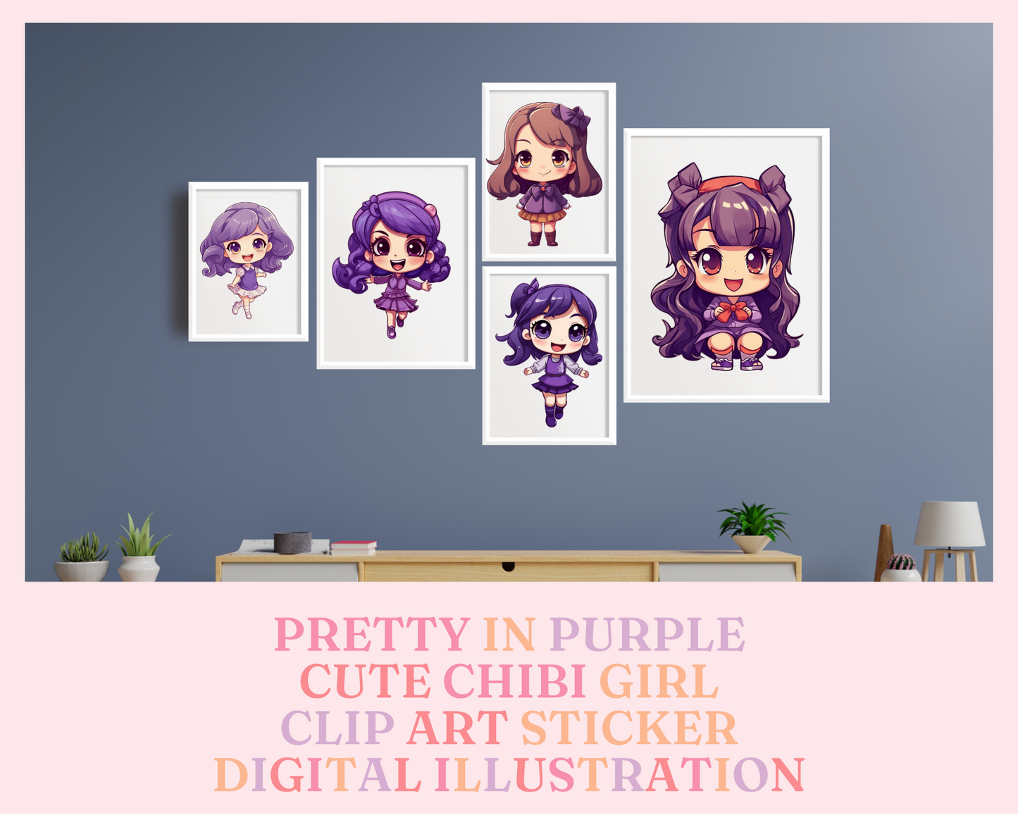 Pretty in Purple Chibi Girls Stickers Clipart – Printable – Instant Download – High-Quality PNG - Transparent Background - Commercial Use