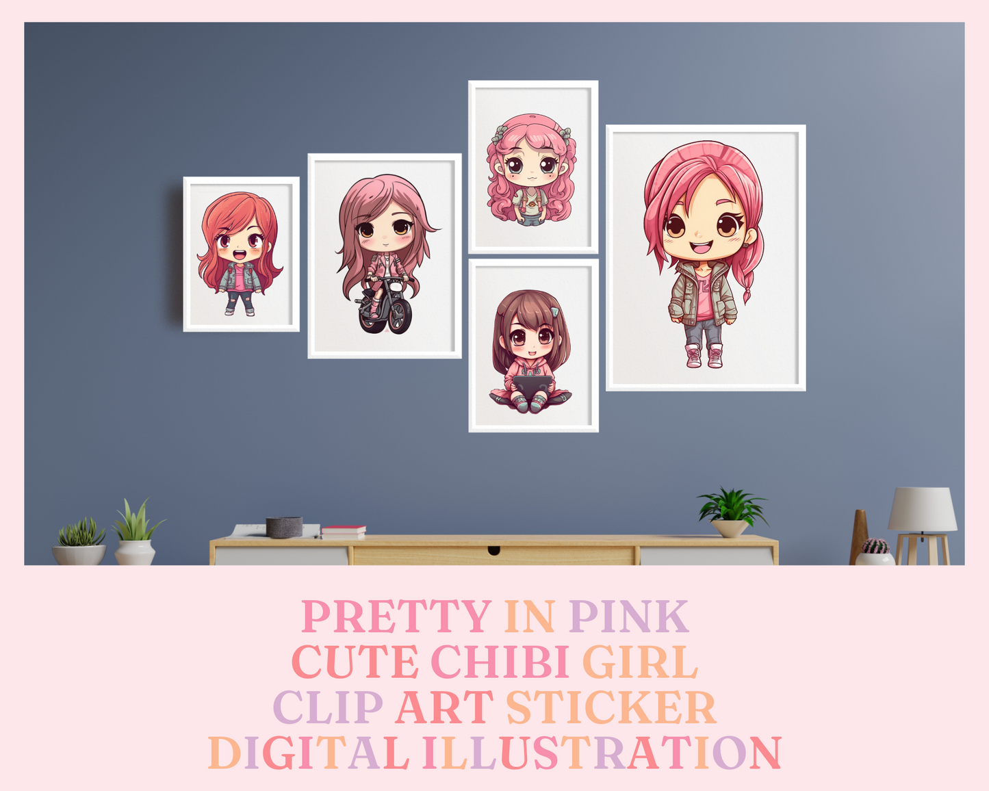 Pretty in Pink Chibi Girls Stickers Clipart – Printable – Instant Download – High-Quality PNG - Transparent Background - Commercial Use