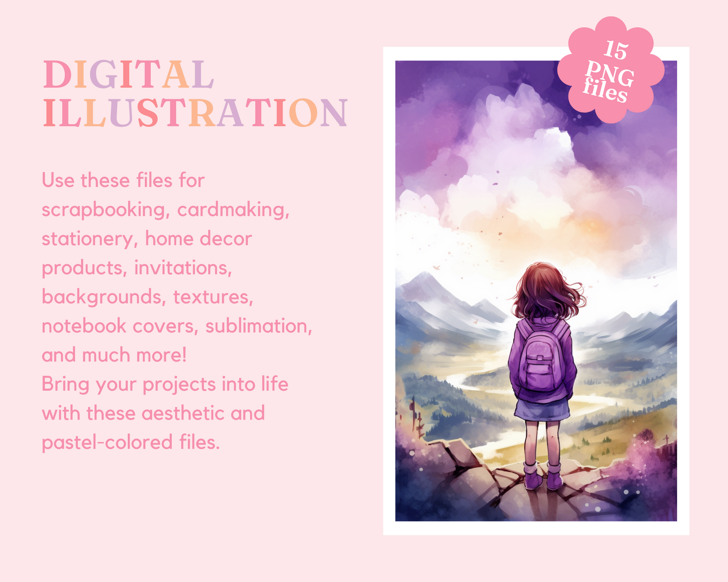 Purple Haze and Dreamy Blue Bundle - Chibi Watercolor Digital Illustration - Commercial Use