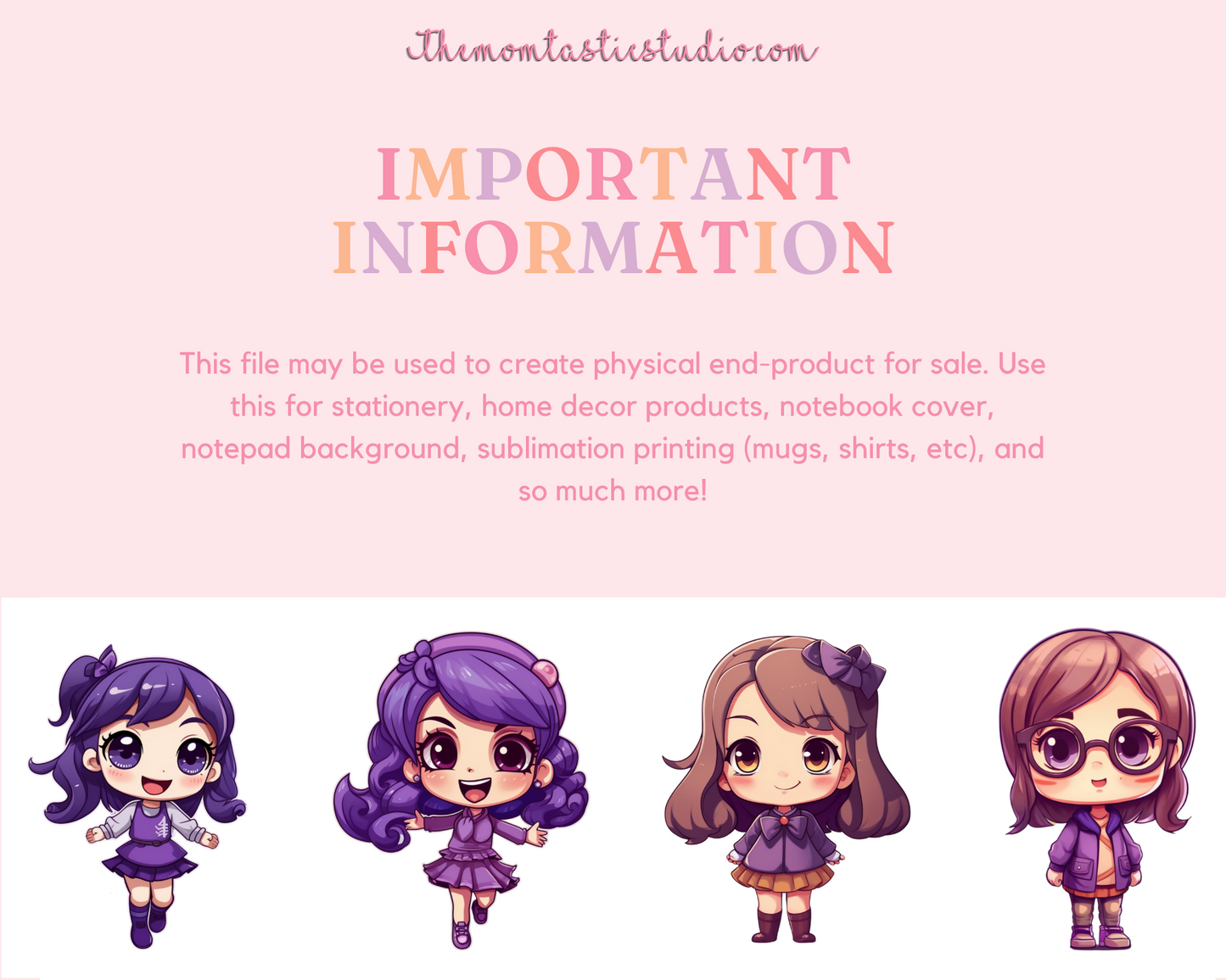 Pretty in Purple Chibi Girls Stickers Clipart – Printable – Instant Download – High-Quality PNG - Transparent Background - Commercial Use