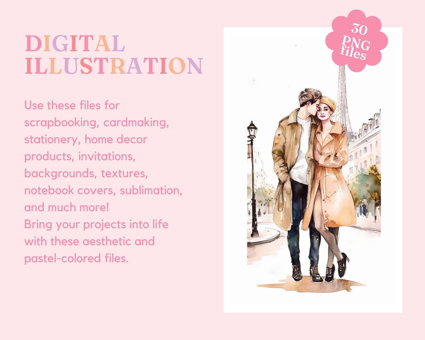 Him and Her Beautiful Watercolor Digital Illustration - Commercial Use - Pretty - Instant Download