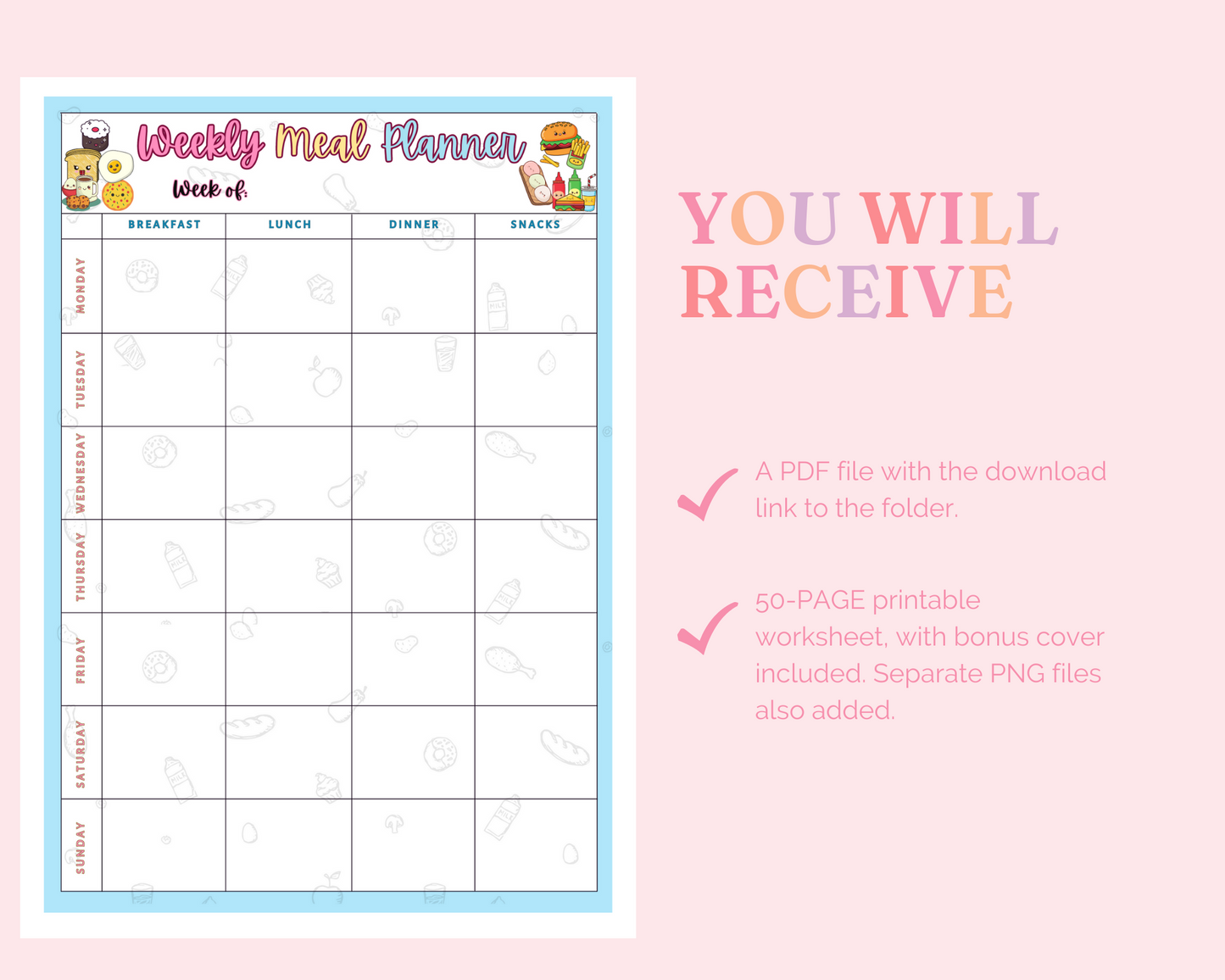 Weekly Meal Planner Printable – A4 Size – 6 Stylish Designs – PDF, PNG, and Canva Template – Commercial License