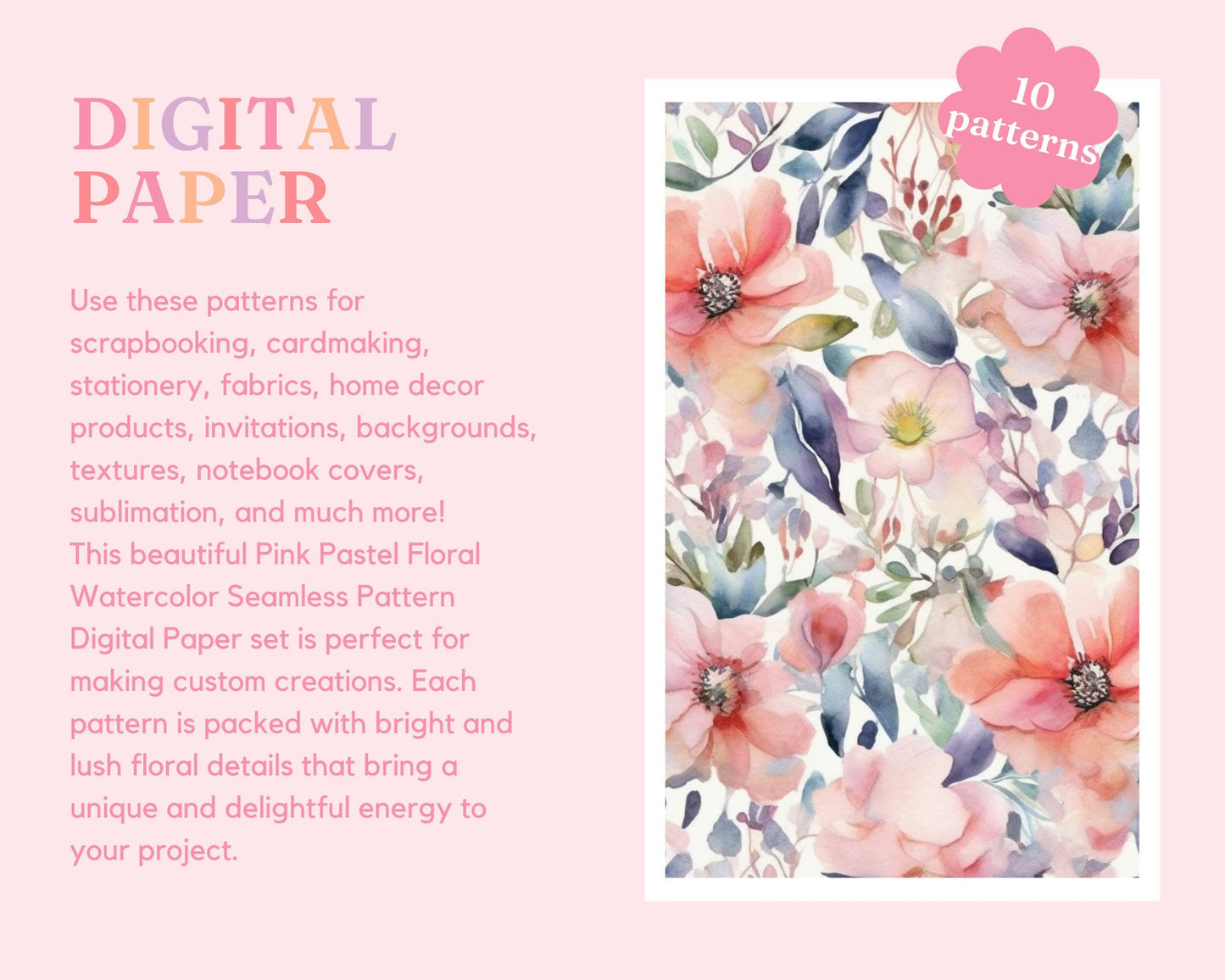 Pink Floral Seamless Pattern, Watercolor Floral Pattern for Commercial Use